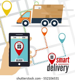 Vector illustration of a smart delivery concept. Smartphone with delivery service application on a screen, truck, street map and location pointer on a background. Delivery ordering interface.