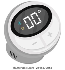 Vector illustration of a smart digital thermostat with LED display and climate control icons. Modern, minimal style suitable for technology, energy, or home automation projects.