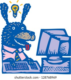 Vector illustration of a smart dog working on computer