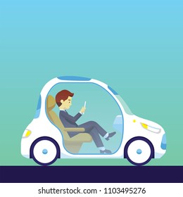 Vector Illustration Smart Driving Car. Self Driving Car With Worker Passenger. Autonomous Car