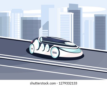 Vector illustration of a smart and eco-friendly car of the future without a driver on a moving road in a futuristic city.