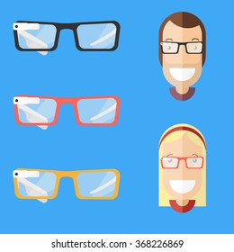 Vector illustration of a smart eyeglasses, boy and a girl wearing smart glasses. Flat design