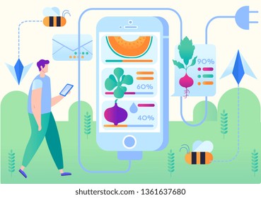 Vector Illustration Smart Farm Mobile Application. Man Receives Information about Crop Growth via Smartphone. Foreground Smartphone Screen with Indicator Growth Vegetables. Cartoon Flat.