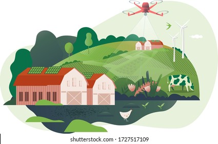 Vector Illustration of smart farm, ranch, agriculture, farming. Diagnostics of the state of wheat and rapeseed crops using unmanned aerial vehicles. High technologies and innovations.