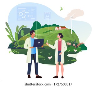 Vector Illustration of smart farm, ranch, farming, farming. Diagnostics of the state of wheat and rapeseed crops with the help of high technology and innovation. Concept