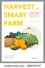 Ilustración vectorial de la granja inteligente, rancho, agricultura, agricultura. Cosecha de calabazas, manzanas y maíz. Día de Acción de Gracias. ilustración vectorial. Plantilla para un afiche, informe anual