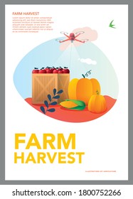 Vector Illustration of smart farm, ranch, agriculture, farming. Harvest of pumpkins, apples and corn. Thanksgiving day. vector illustration. Template for a poster, annual report