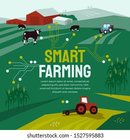 Vector illustration for smart farming with agricultural machinery, farm, cow, landscape. High tech technology and data analysis in agriculture. Template with circuit board for banner, flyer, print, ad