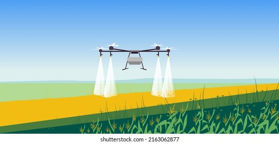 Vector illustration of smart farming tech with irrigation drone. Innovation technology for agricultural company. Automatic sprinkler copter. Editable vector illustration