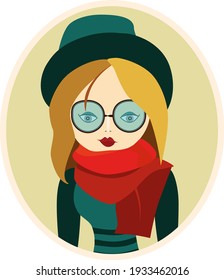 Ilustración vectorial de una chica inteligente. Estilo de caricatura plano.Para diseño web, afiches, banners, medios sociales.Anteojos.sombrero verde.bufanda roja. Retrato de Hipster.Mujer aislada de fondo blanco.Estudiante moderno