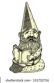 Vector illustration of smart gnome reading a book.