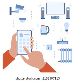 Ilustración vectorial Concepto de aplicación residencial inteligente. Manos humanas sosteniendo el teléfono móvil conectado a la casa. Sistema de control remoto del hogar. Internet IOT de las cosas