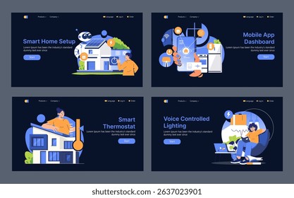 Vector illustration of smart home automation, featuring mobile app dashboard, voice-controlled lighting, and smart thermostat integration. Includes people interacting with technology.