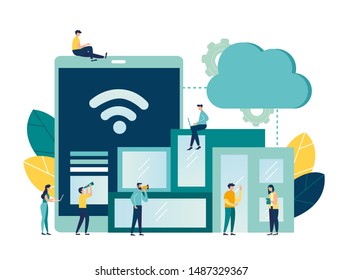 vector illustration, smart home concept, internet wi-fi, data transfer, communication, connecting apartment buildings to the internet, control via tablet