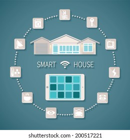 Vector illustration smart house remote wireless management concept with tablet pc