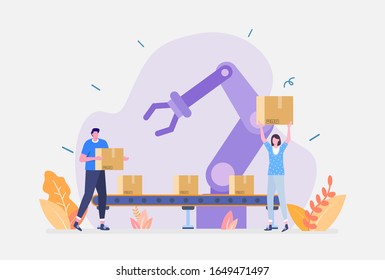 Ilustración vectorial, Concepto inteligente de la industria, Mostrando cómo la automatización de la máquina robótica se involucra en una fase de producción moderna de fábrica, Adecuada para la página de inicio, la interfaz de usuario, la web, la tarjeta de introducción de aplicaciones y otros.