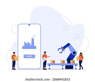 Vector Illustration, Smart Industry Concept, Showing how robot machine automation get involved in a modern factory production stage, Suitable for landing page, UI, web, App intro card, and others