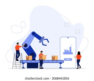 Ilustración vectorial, Smart Industry Concept, Mostrando cómo la automatización de la máquina de robots se involucra en una fase de producción moderna de fábrica, Adecuada para la página de aterrizaje, UI, web, tarjeta de introducción de aplicaciones y otros