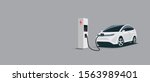 Vector illustration of a smart luxury white electric plug car charging at the electro charger station. Car battery getting fast recharged. Clean e-mobility illustration isolated on grey background.