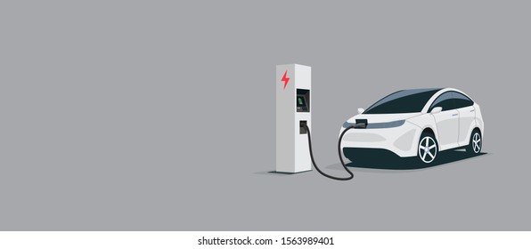 Vector illustration of a smart luxury white electric plug car charging at the electro charger station. Car battery getting fast recharged. Clean e-mobility illustration isolated on grey background.