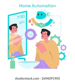 Vector illustration of a smart mirror displaying weather and time as a person begins their morning routine. The automated system interacts with the user, enhancing home automation.
