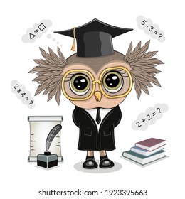 Vector illustration of a smart owl with glasses, a teacher and a school. Student inkwell, a quill and a scroll with the students. The student is a graduate.