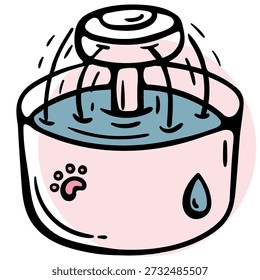 Ilustración vectorial de una fuente de agua inteligente para mascotas para gatos y perros. Doodle dibujado a mano que muestra un dispensador de agua potable automático con agua corriente para mascotas. Elemento gráfico aislado para el cuidado de animales, veterinaria y diseño de tecnología para mascotas.