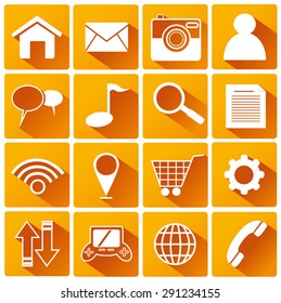 Vector illustration of Smart Phone Application Flat Icons in orange color square background with diagonal shadow