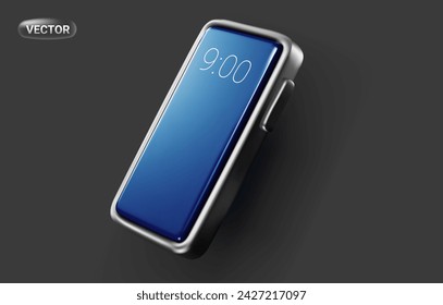 Ilustración vectorial de teléfono inteligente con pantalla de color azul sobre fondo negro. Diseño de estilo 3d de teléfono realista para web, sitio, banner, póster