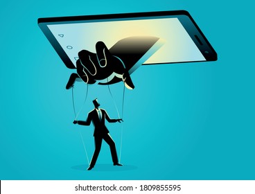 Vector illustration of smart phone controlling man. Social media, gadget, technology dependency concept
