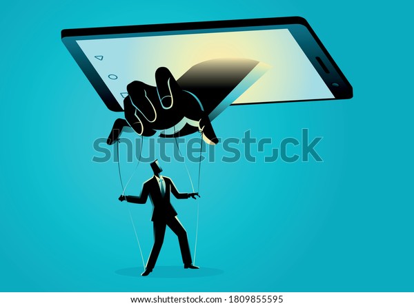 Vector illustration of\
smart phone controlling man. Social media, gadget, technology\
dependency concept