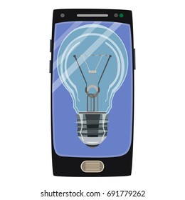 Vector illustration of smart phone device with light bulb. Smartphone creative idea icon in flat style.