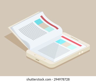Ilustración vectorial de un libro electrónico de teléfonos inteligentes con un efecto de volteado de página realista