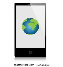 Vector illustration of Smart Phone. Globe on the screen.