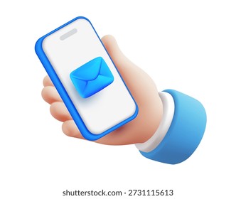 Ilustración vectorial de teléfono inteligente en la mano. Diseño de estilo de dibujos animados 3D del teléfono de mano del hombre con correo electrónico. Electrónica smartphone gadget con notificación de mensaje. Dispositivo móvil con icono de sobre