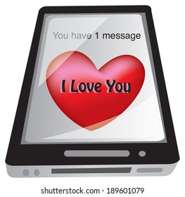 Vector illustration of a smart phone with a heart shape saying I love you.