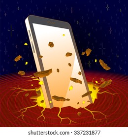 Vector Illustration of a smart phone hitting terrain and breaking it into pieces, including a colorful subtle background made of sparkling stars