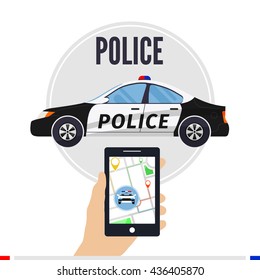 Vector illustration of a smart police service concept. Smartphone with police service application on a screen, police car, street map and location pointer.