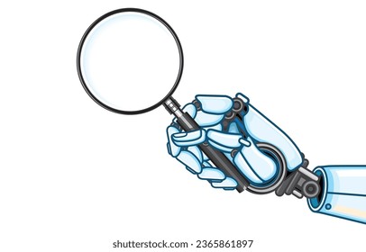 Ilustración vectorial de la mano robótica inteligente sosteniendo vidrio de aumento, aislada en blanco, Ai, Inteligencia Artificial, tecnología, negocios, Internet de las Cosas, IOT, Poder de vida para predecir el futuro.