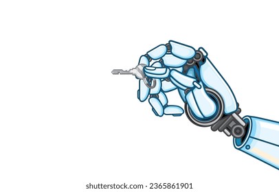 Ilustración vectorial de la mano robótica inteligente sujetando la llave metálica con el bucle de keychain para desbloquear, aislada en blanco, en blanco. Poder de la inteligencia artificial, IA, manejar la plataforma viva actual en el futuro.