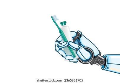 Vector illustration of smart robotic hand holding toothbrush with toothpaste tube,isolated on white,AI,Artificial intelligence brings convenience to humans.Power of robots improves dental health.