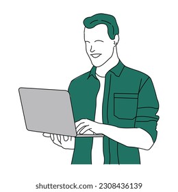 Vector illustration of smart student manager working on laptop.