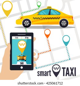 Vector illustration of a smart taxi concept. Smartphone with taxi service application on a screen,  yellow cab, street map and location pointer on a background. Taxi ordering interface.