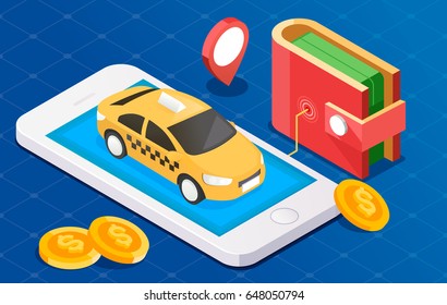 Vector illustration of a smart taxi concept. Smart phone with taxi service application on a screen. Coins, wallet and location pointer on a background.