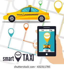 Vector illustration of a smart taxi service concept. Smartphone with taxi service application on a screen, yellow cab, street map and location pointer on a background. Taxi ordering interface.