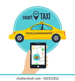 Vector illustration of a smart taxi service concept. Smartphone with taxi service application on a screen, yellow cab, street map and location pointer.