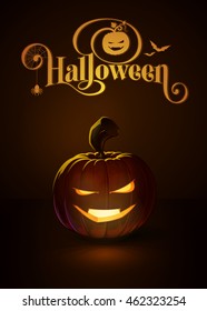 Vector illustration of a Smart Vampire jack-o-lantern glowing in the dark. Included a custom typography "Halloween". EPS10 All elements neatly on layers and groups