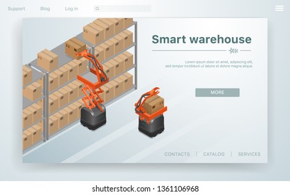 Vector Illustration Smart Warehouse at Factory. Robots are Placing Boxes on New Technology Organizes Goods Parcels. Modern Business, Replacement of Human Power by Artificial Intelligence.