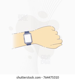 Vector illustration of smart watch with blank screen on human hand in flat line style.