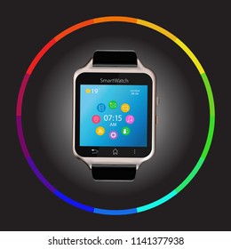 Vector illustration of smart Watch device display with app icons. Isolated on dark background.